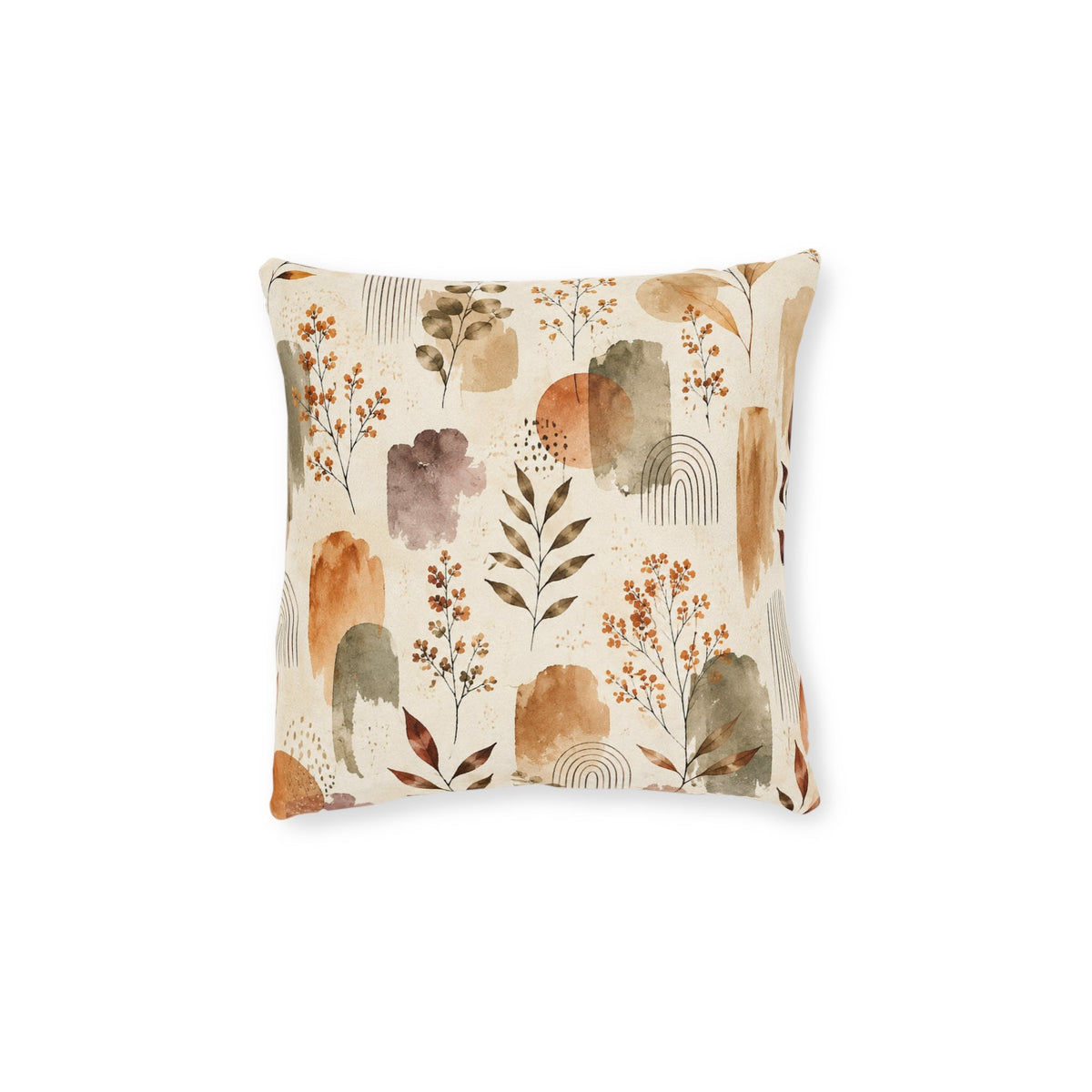 Boho Watercolor Floral Square Pillow — Earth Tones Decorative Throw Cushion - MairaDen
