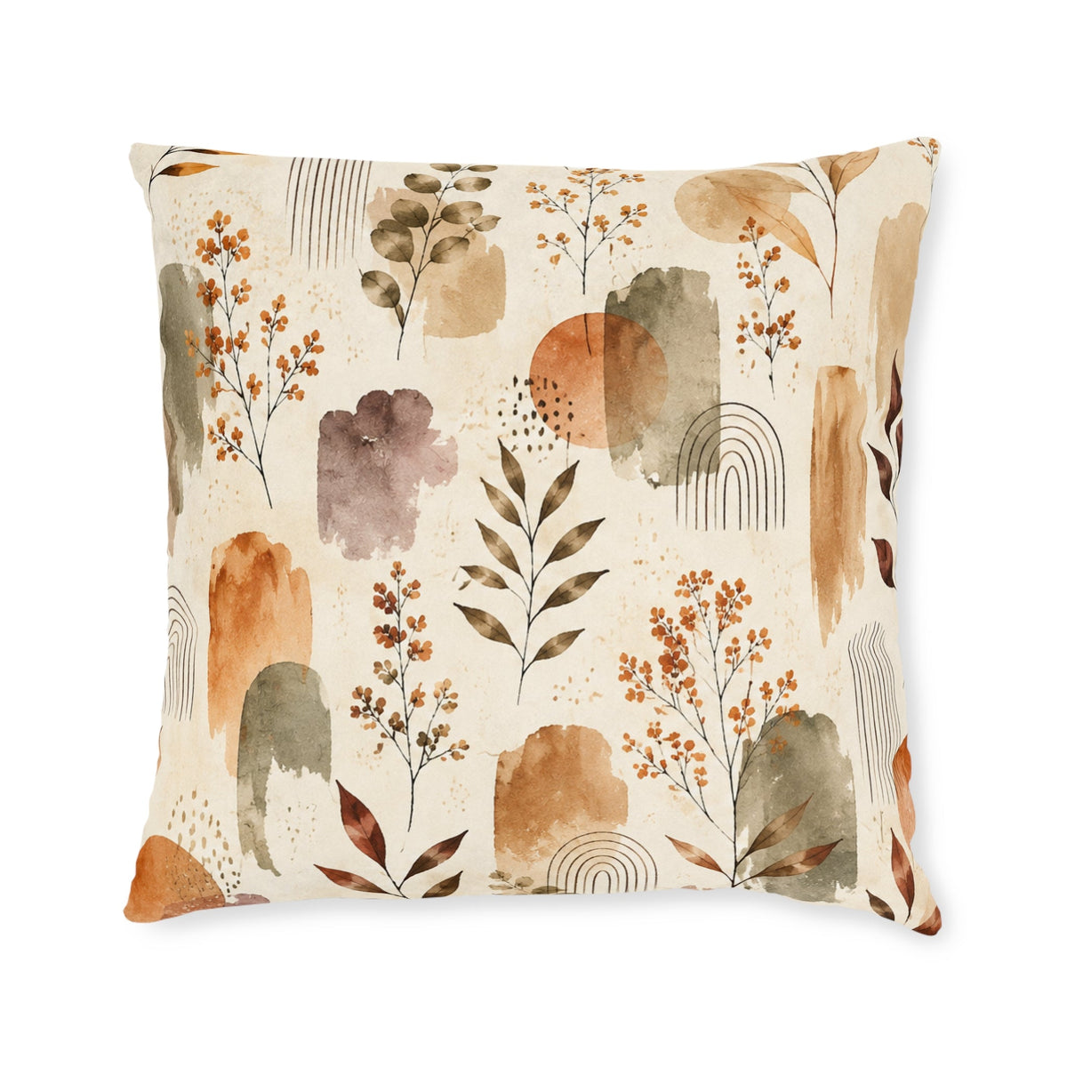 Boho Watercolor Floral Square Pillow — Earth Tones Decorative Throw Cushion - MairaDen