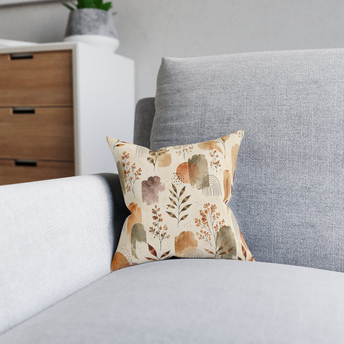 Boho Watercolor Floral Square Pillow — Earth Tones Decorative Throw Cushion - MairaDen
