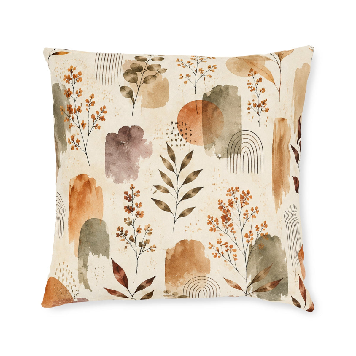 Boho Watercolor Floral Square Pillow — Earth Tones Decorative Throw Cushion - MairaDen