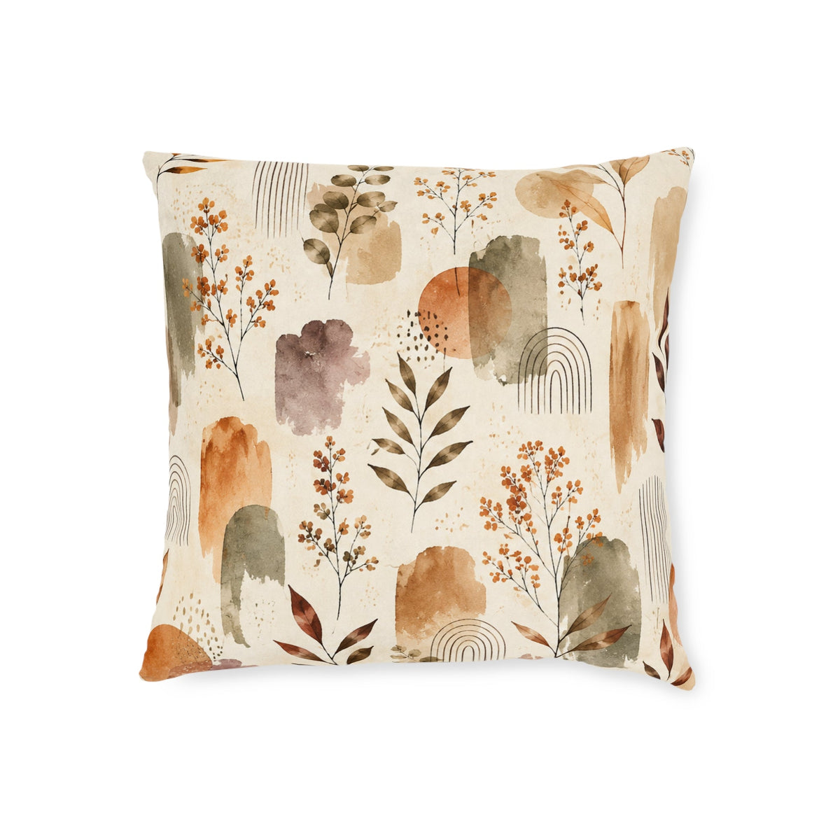 Boho Watercolor Floral Square Pillow — Earth Tones Decorative Throw Cushion - MairaDen