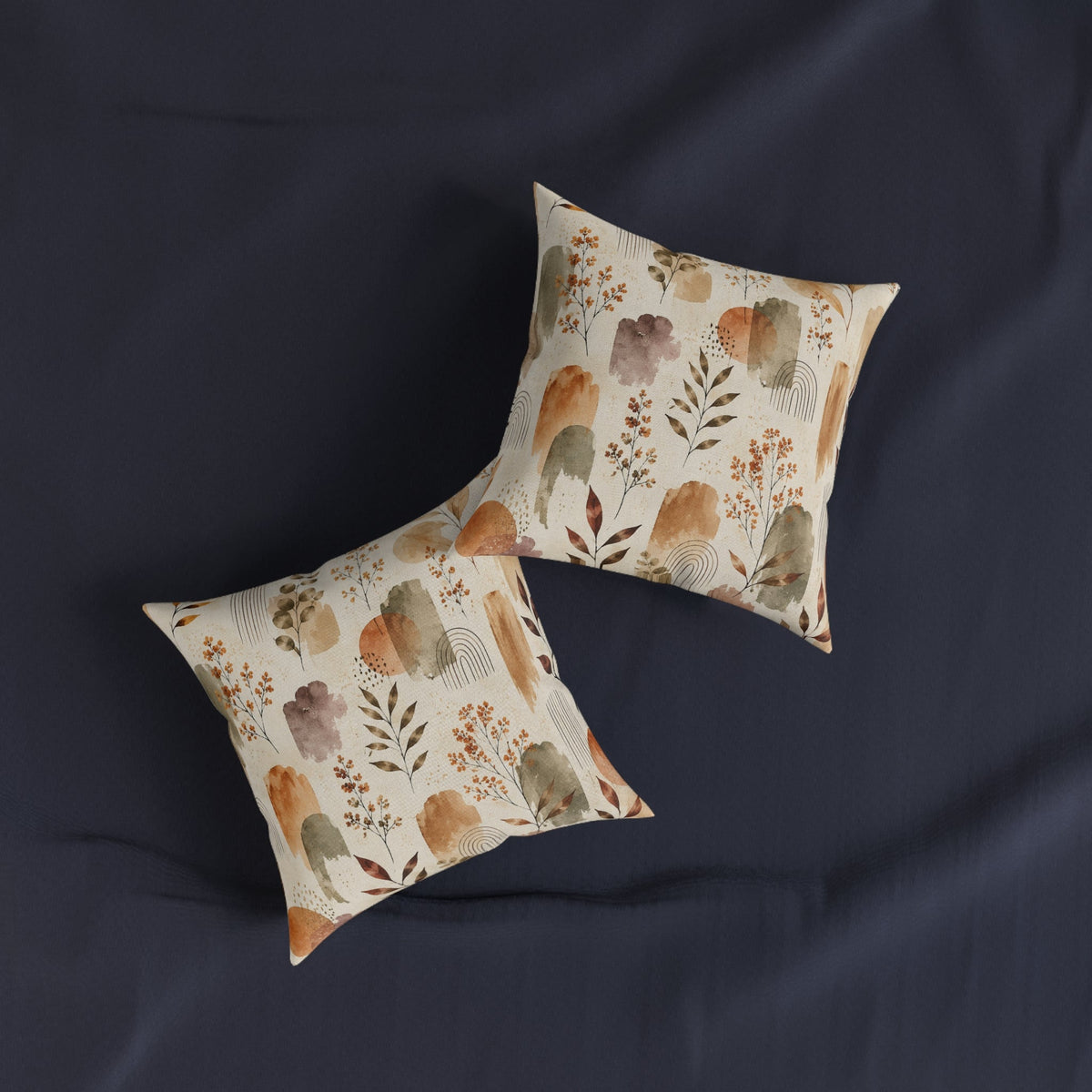 Boho Watercolor Floral Square Pillow — Earth Tones Decorative Throw Cushion - MairaDen