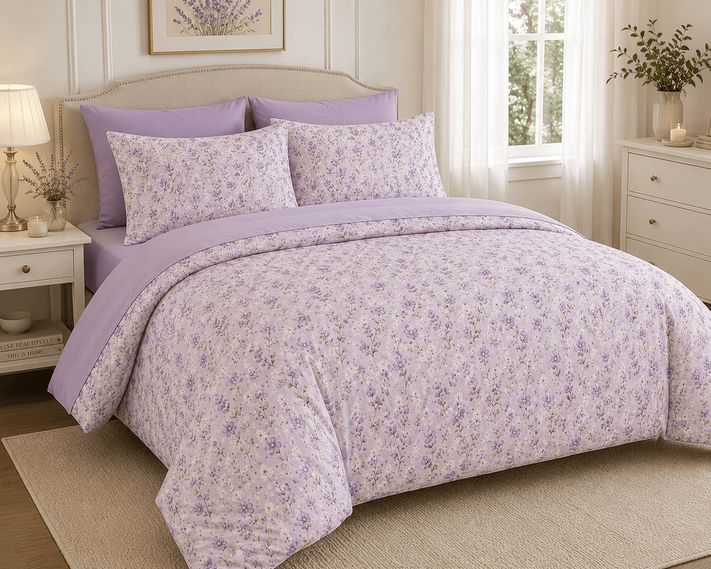Lavender Blossom Cotton Bed Set — Floral Duvet Cover & Pillowcases - MairaDen