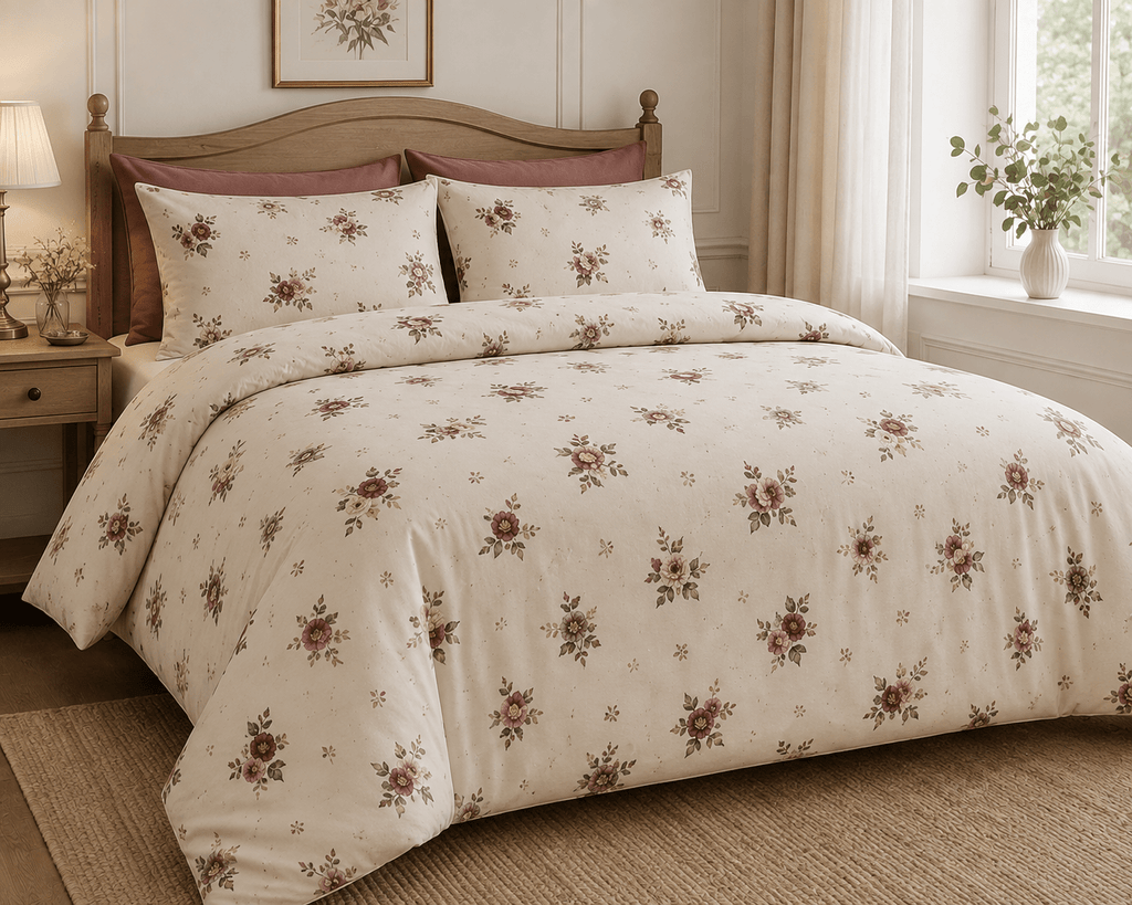 Vintage Floral Cotton Bed Set — Cream Rose Duvet Cover & Pillowcases - MairaDen
