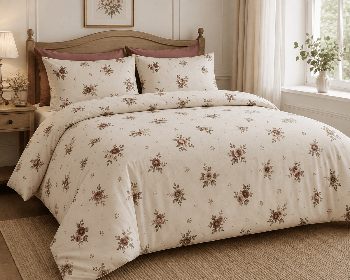 Vintage Floral Cotton Bed Set — Cream Rose Duvet Cover & Pillowcases - MairaDen
